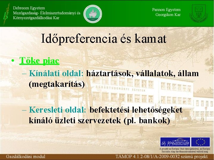 Időpreferencia és kamat • Tőke piac – Kínálati oldal: háztartások, vállalatok, állam (megtakarítás) –