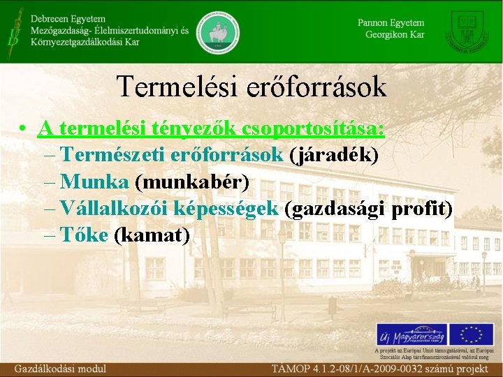 Termelési erőforrások • A termelési tényezők csoportosítása: – Természeti erőforrások (járadék) – Munka (munkabér)