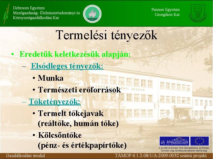 Termelési tényezők • Eredetük keletkezésük alapján: – Elsődleges tényezők: • Munka • Természeti erőforrások