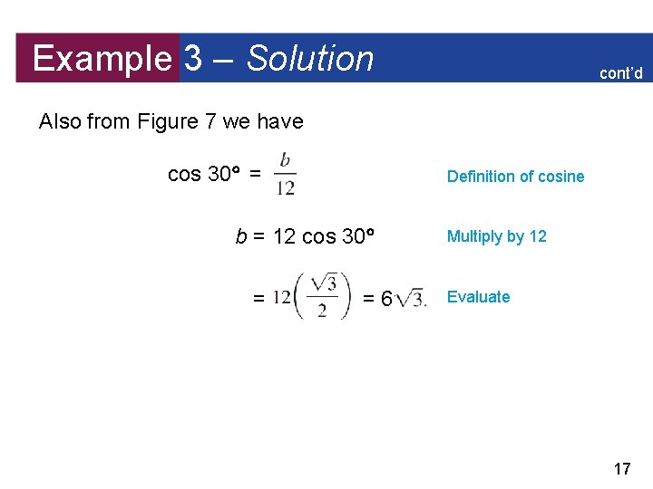 Example 3 – Solution cont’d Also from Figure 7 we have cos 30 =