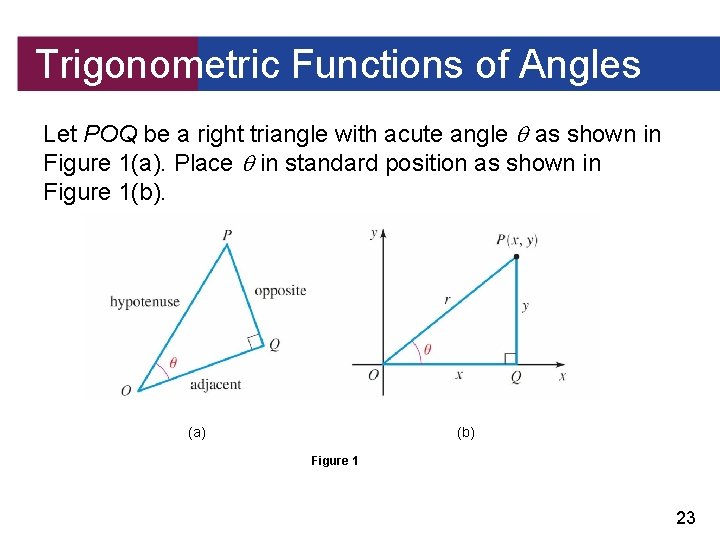 Trigonometric Functions of Angles Let POQ be a right triangle with acute angle as