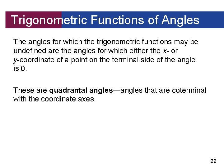 Trigonometric Functions of Angles The angles for which the trigonometric functions may be undefined