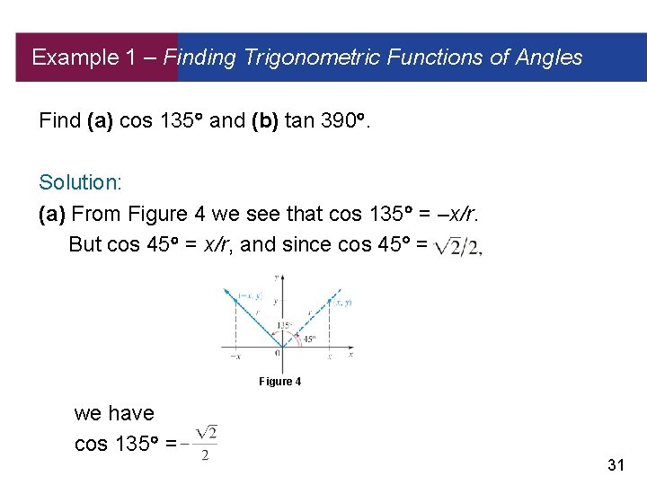 Example 1 – Finding Trigonometric Functions of Angles Find (a) cos 135 and (b)