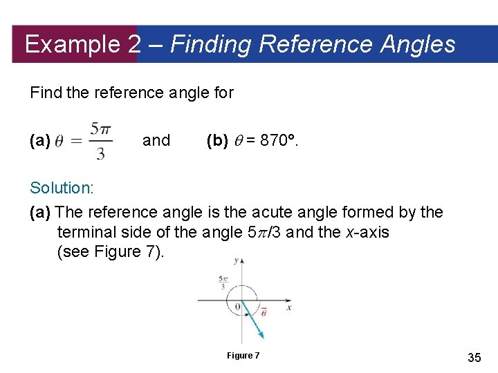 Example 2 – Finding Reference Angles Find the reference angle for (a) and (b)