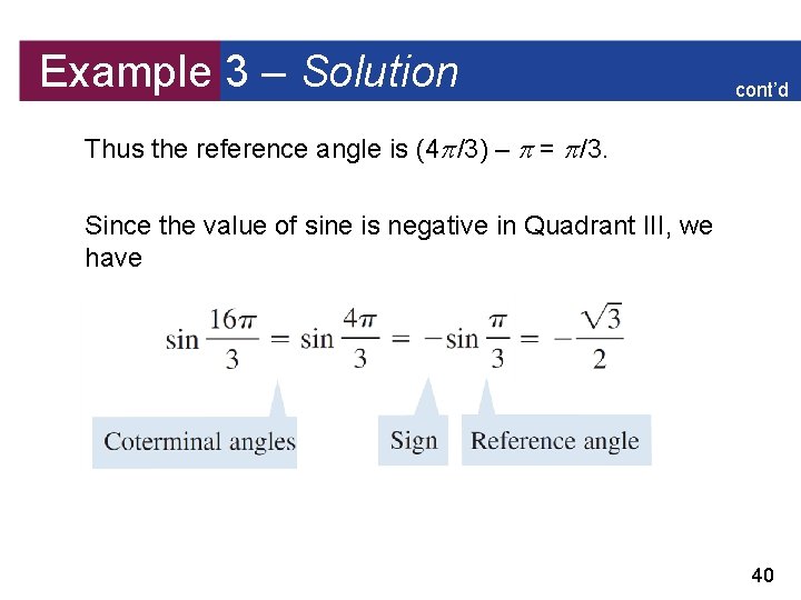 Example 3 – Solution cont’d Thus the reference angle is (4 /3) – =