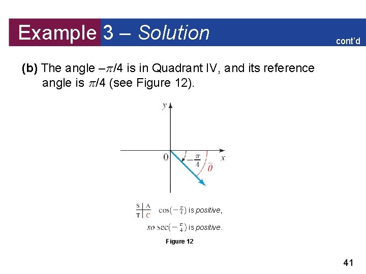 Example 3 – Solution cont’d (b) The angle – /4 is in Quadrant IV,