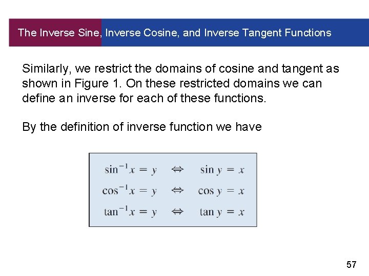 The Inverse Sine, Inverse Cosine, and Inverse Tangent Functions Similarly, we restrict the domains