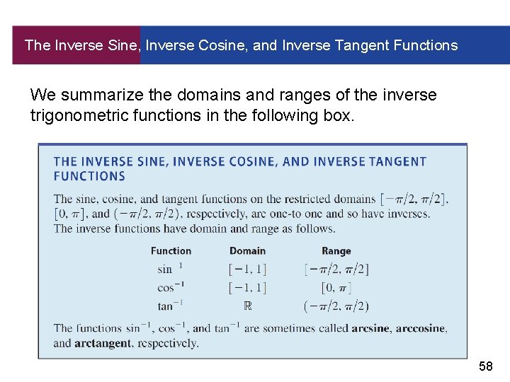 The Inverse Sine, Inverse Cosine, and Inverse Tangent Functions We summarize the domains and
