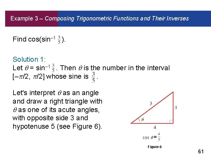 Example 3 – Composing Trigonometric Functions and Their Inverses Find cos(sin– 1 ). Solution