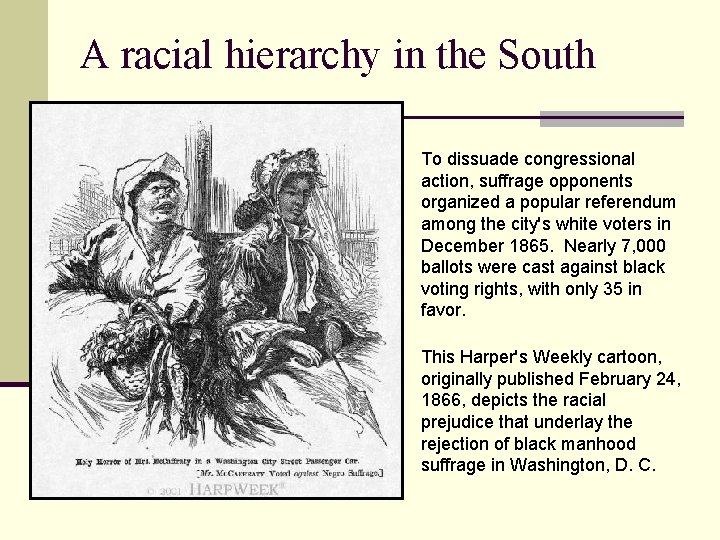 A racial hierarchy in the South To dissuade congressional action, suffrage opponents organized a