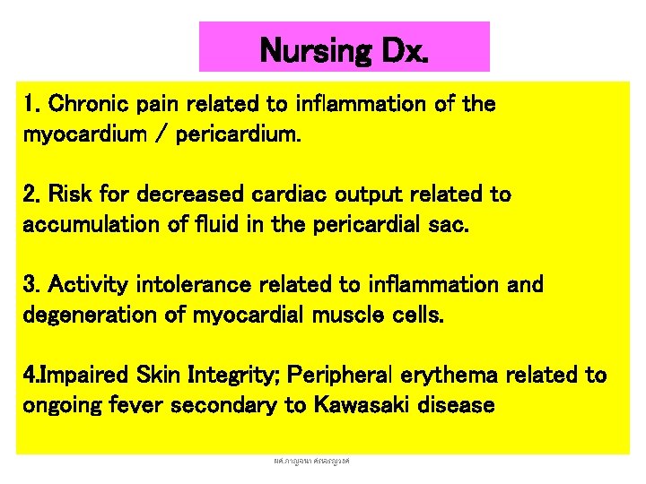 Nursing Dx. 1. Chronic pain related to inflammation of the myocardium / pericardium. 2.