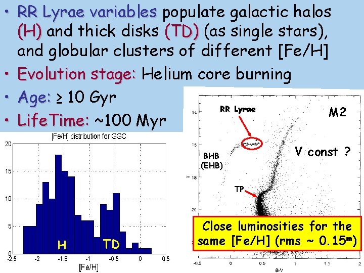  • RR Lyrae variables populate galactic halos (H) and thick disks (TD) (as