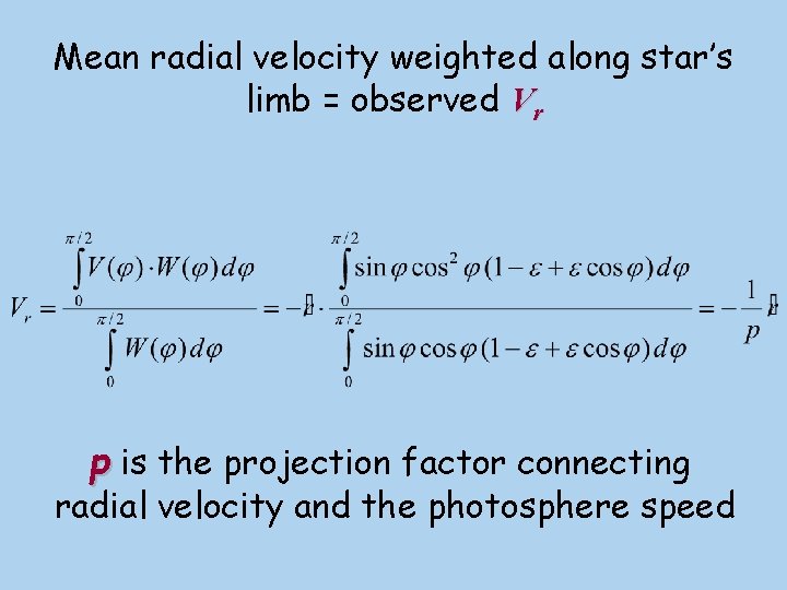 Mean radial velocity weighted along star’s limb = observed Vr p is the projection