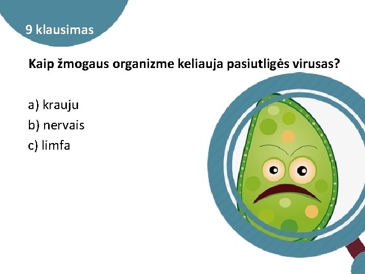 9 klausimas Kaip žmogaus organizme keliauja pasiutligės virusas? a) krauju b) nervais c) limfa