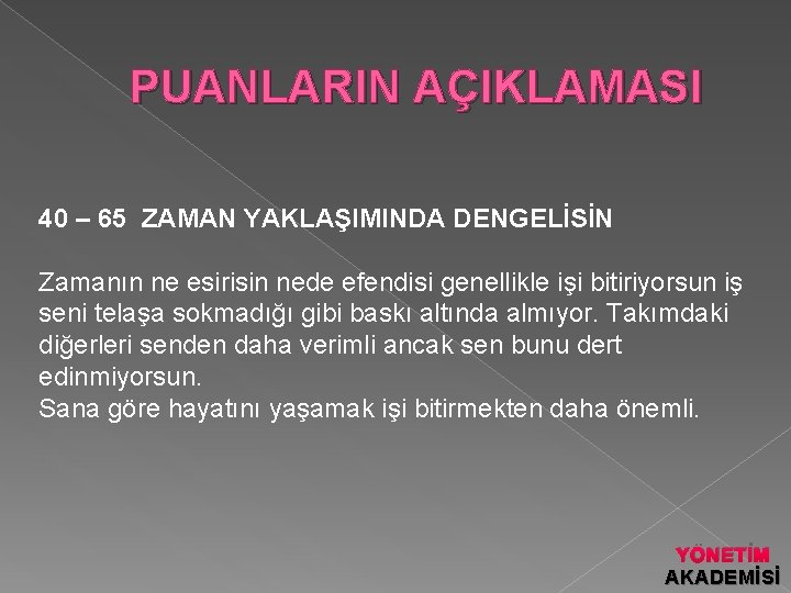 PUANLARIN AÇIKLAMASI 40 – 65 ZAMAN YAKLAŞIMINDA DENGELİSİN Zamanın ne esirisin nede efendisi genellikle