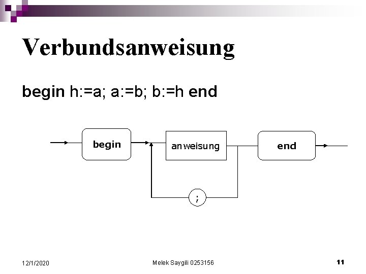 Verbundsanweisung begin h: =a; a: =b; b: =h end begin anweisung end ; 12/1/2020