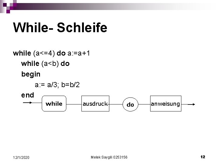 While- Schleife while (a<=4) do a: =a+1 while (a<b) do begin a: = a/3;