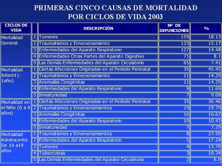 PRIMERAS CINCO CAUSAS DE MORTALIDAD POR CICLOS DE VIDA 2003 
