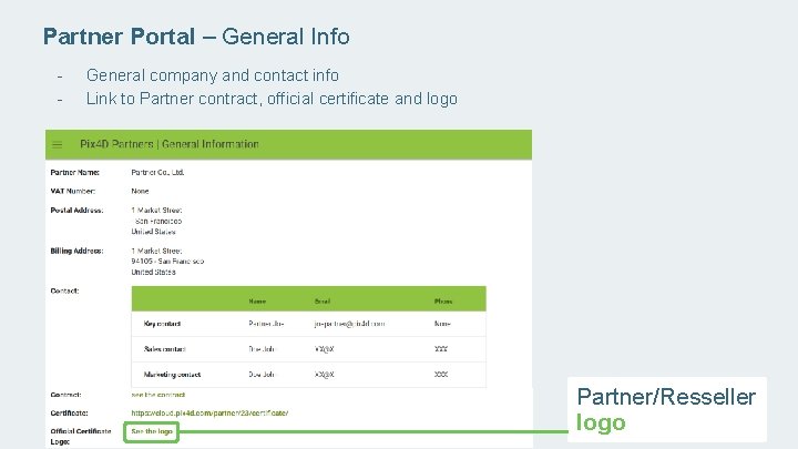 Partner Portal – General Info - General company and contact info Link to Partner