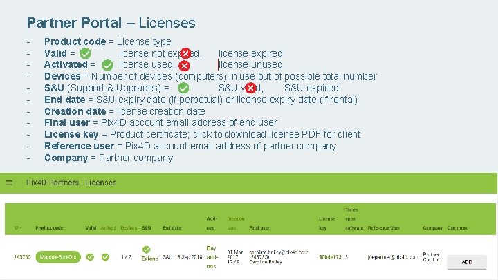 Partner Portal – Licenses - Product code = License type Valid = license not