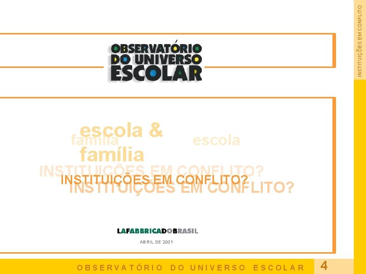 INSTITUIÇÕES EM CONFLITO escola & família escola INSTITUIÇÕES EM CONFLITO? ABRIL DE 2001 O