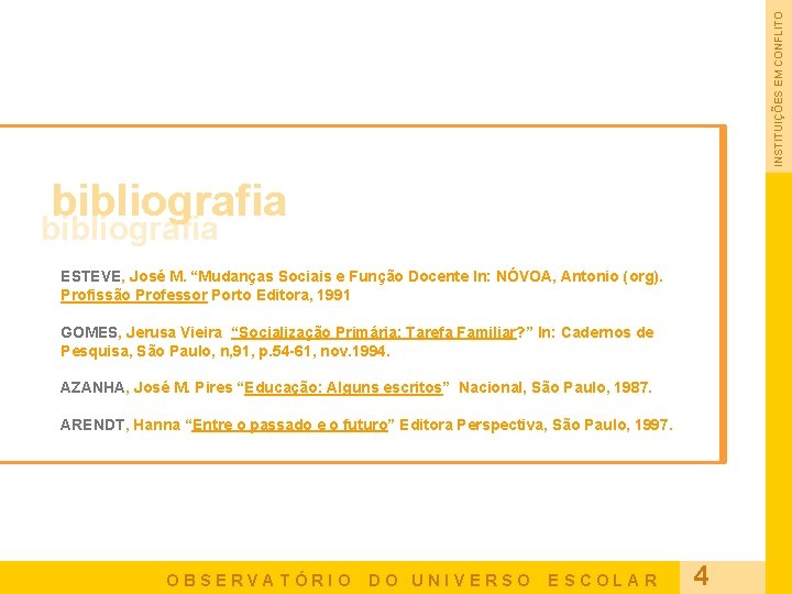 INSTITUIÇÕES EM CONFLITO bibliografia ESTEVE, José M. “Mudanças Sociais e Função Docente In: NÓVOA,