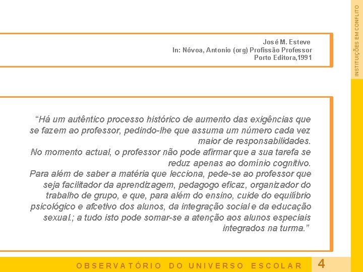 INSTITUIÇÕES EM CONFLITO José M. Esteve In: Nóvoa, Antonio (org) Profissão Professor Porto Editora,