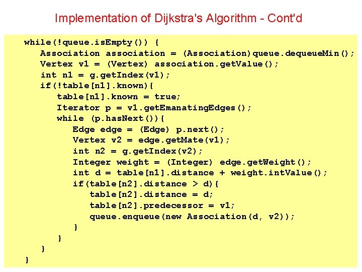 Implementation of Dijkstra's Algorithm - Cont'd while(!queue. is. Empty()) { Association association = (Association)queue.