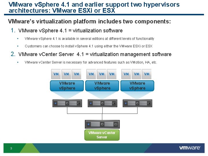 VMware v. Sphere 4. 1 and earlier support two hypervisors architectures: VMware ESXi or VMware v. Sphere 4. 1 and earlier support two hypervisors architectures: VMware ESXi or