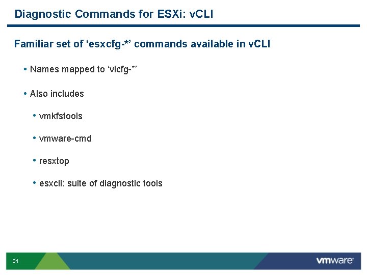 Diagnostic Commands for ESXi: v. CLI Familiar set of ‘esxcfg-*’ commands available in v. Diagnostic Commands for ESXi: v. CLI Familiar set of ‘esxcfg-*’ commands available in v.