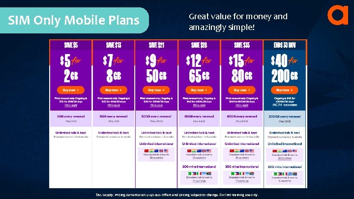 SIM Only Mobile Plans Great value for money and amazingly simple! T&Cs apply. Pricing SIM Only Mobile Plans Great value for money and amazingly simple! T&Cs apply. Pricing