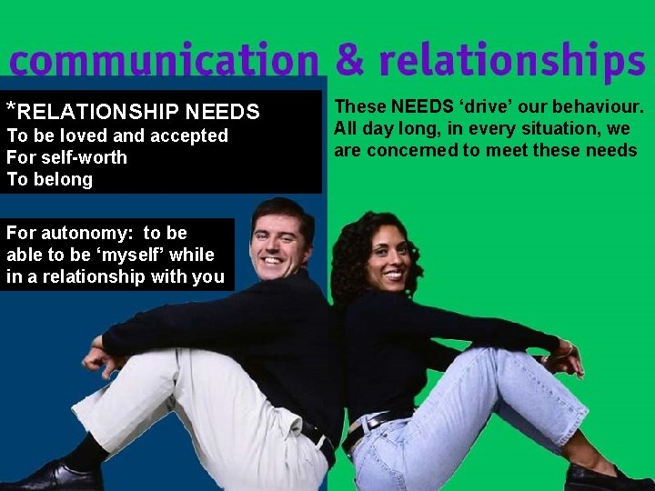 *RELATIONSHIP NEEDS To be loved and accepted For self-worth To belong For autonomy: to *RELATIONSHIP NEEDS To be loved and accepted For self-worth To belong For autonomy: to