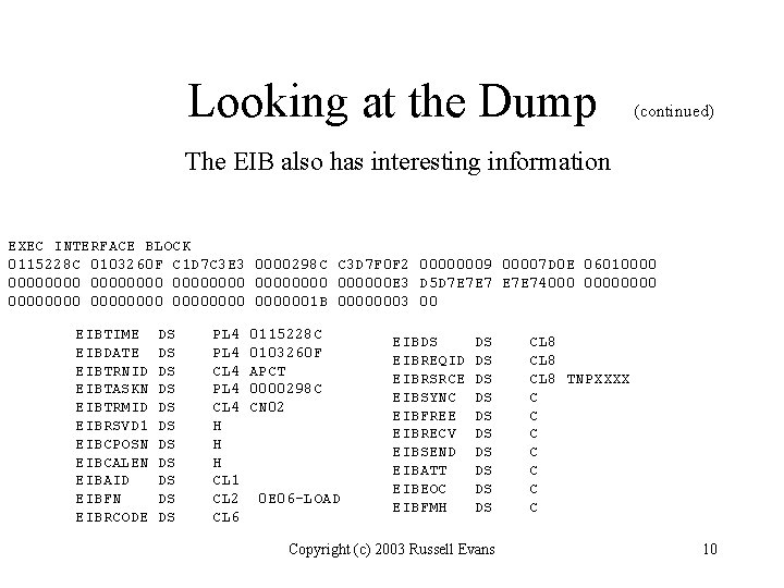 Looking at the Dump (continued) The EIB also has interesting information EXEC INTERFACE BLOCK