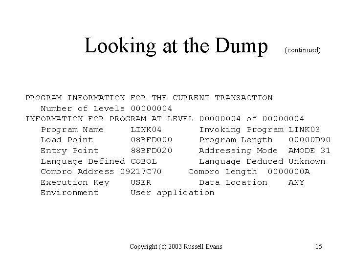 Looking at the Dump (continued) PROGRAM INFORMATION FOR THE CURRENT TRANSACTION Number of Levels