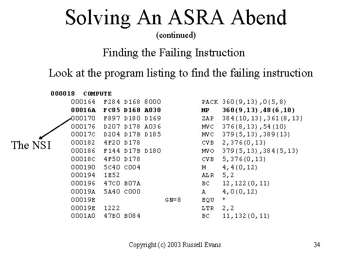 Solving An ASRA Abend (continued) Finding the Failing Instruction Look at the program listing