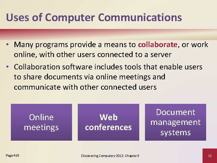 Uses of Computer Communications • Many programs provide a means to collaborate, or work