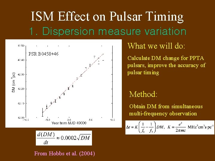 ISM Effect on Pulsar Timing 1. Dispersion measure variation What we will do: PSR