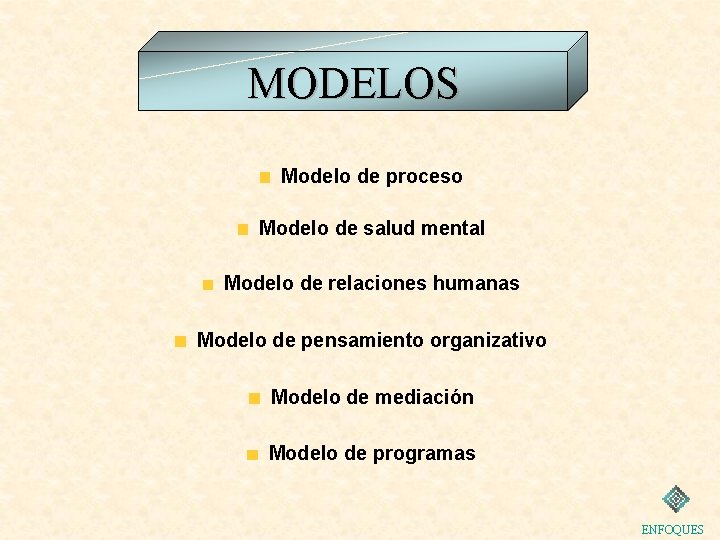 MODELOS Modelo de proceso Modelo de salud mental Modelo de relaciones humanas Modelo de