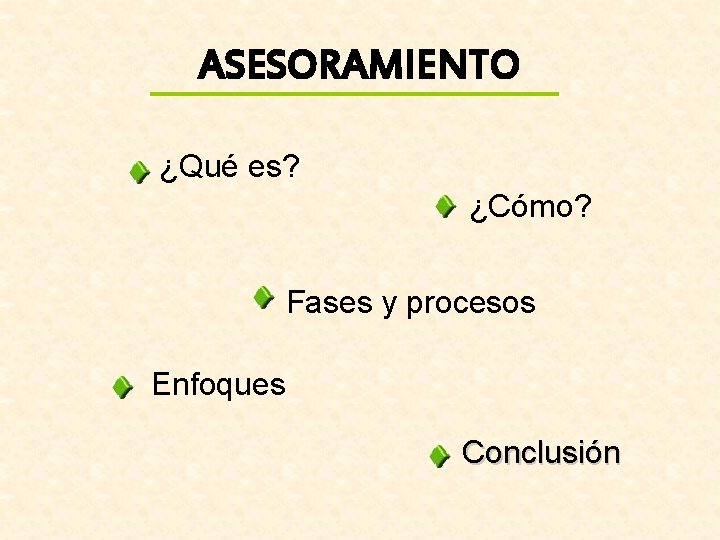 ASESORAMIENTO ¿Qué es? ¿Cómo? Fases y procesos Enfoques Conclusión 