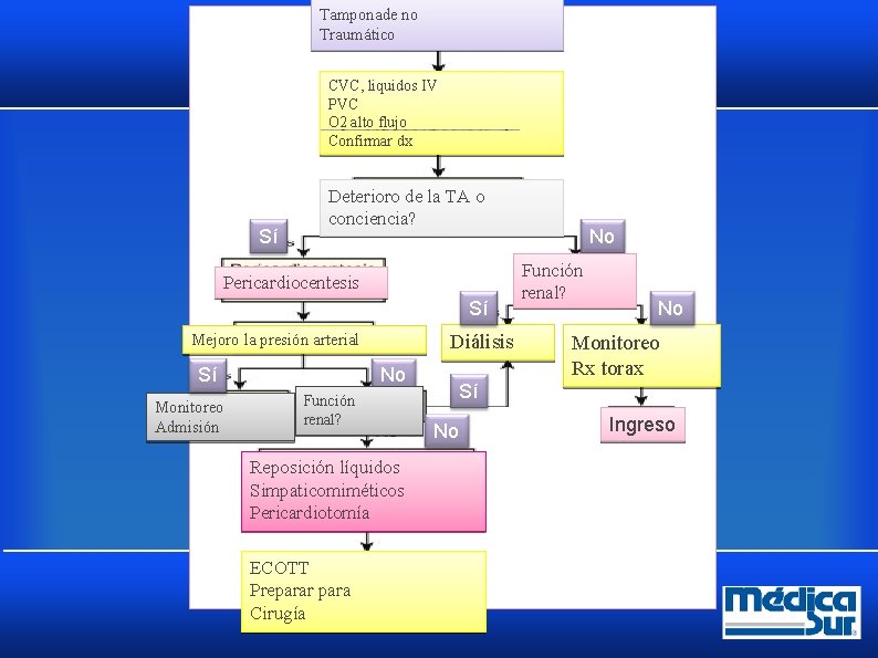 Tamponade no Traumático CVC, liquidos IV PVC O 2 alto flujo Confirmar dx Sí Tamponade no Traumático CVC, liquidos IV PVC O 2 alto flujo Confirmar dx Sí