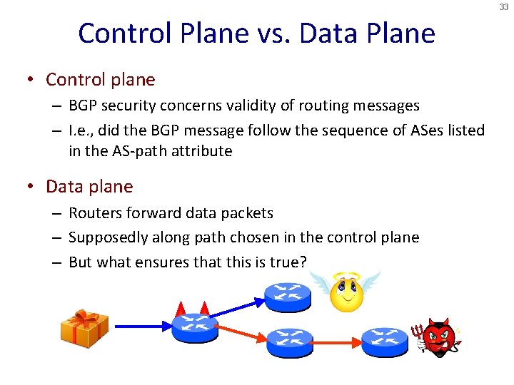 33 Control Plane vs. Data Plane • Control plane – BGP security concerns validity