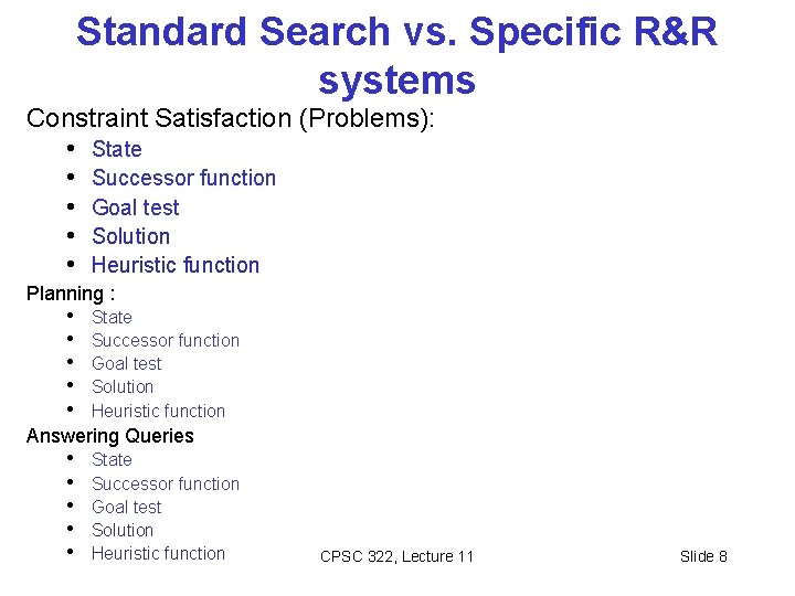 Standard Search vs. Specific R&R systems Constraint Satisfaction (Problems): • State • Successor function