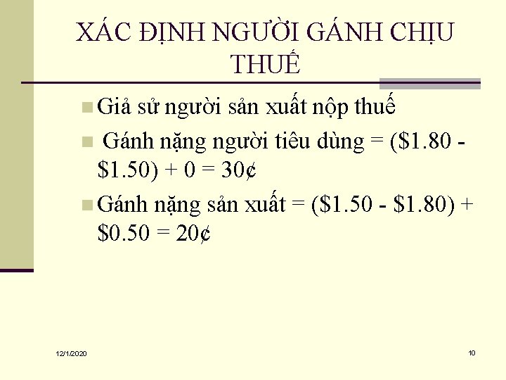 XÁC ĐỊNH NGƯỜI GÁNH CHỊU THUẾ n Giả sử người sản xuất nộp thuế