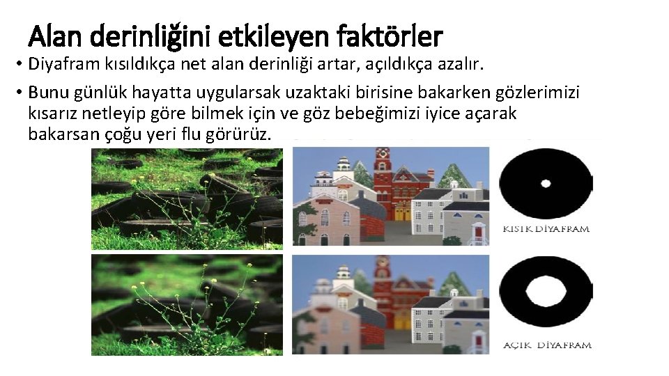 Alan derinliğini etkileyen faktörler • Diyafram kısıldıkça net alan derinliği artar, açıldıkça azalır. •