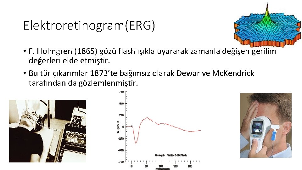Elektroretinogram(ERG) • F. Holmgren (1865) gözü flash ışıkla uyararak zamanla değişen gerilim değerleri elde