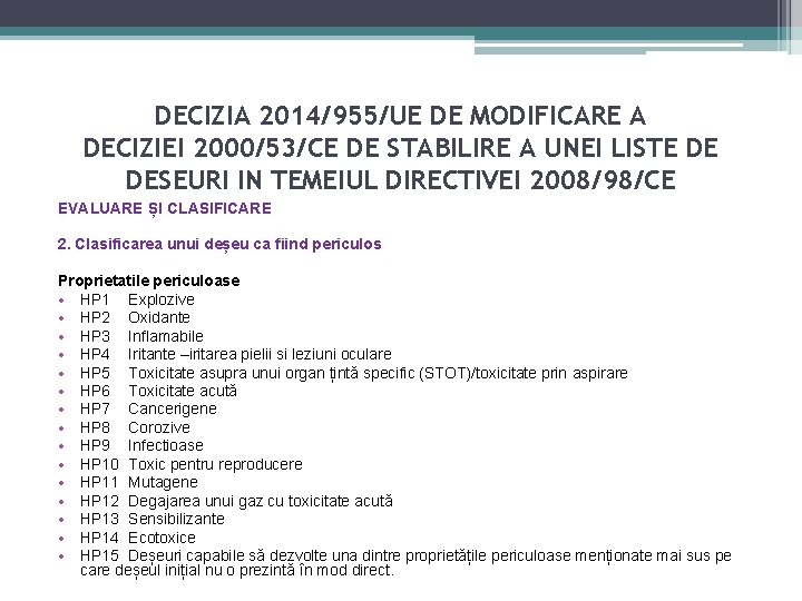 DECIZIA 2014/955/UE DE MODIFICARE A DECIZIEI 2000/53/CE DE STABILIRE A UNEI LISTE DE DESEURI