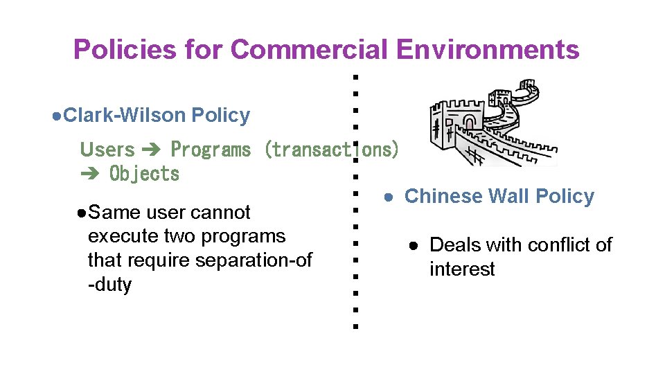 Policies for Commercial Environments ●Clark-Wilson Policy Users ➔ Programs (transactions) ➔ Objects ● Chinese Policies for Commercial Environments ●Clark-Wilson Policy Users ➔ Programs (transactions) ➔ Objects ● Chinese