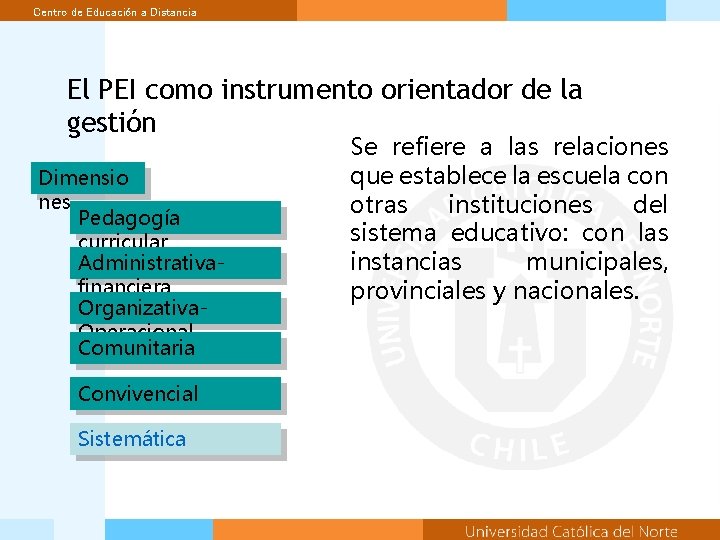 Centro de Educación a Distancia El PEI como instrumento orientador de la gestión Dimensio