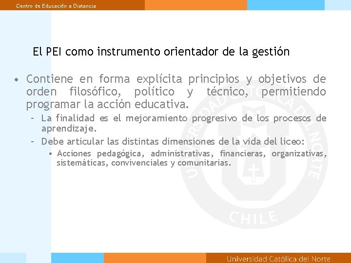 Centro de Educación a Distancia El PEI como instrumento orientador de la gestión •