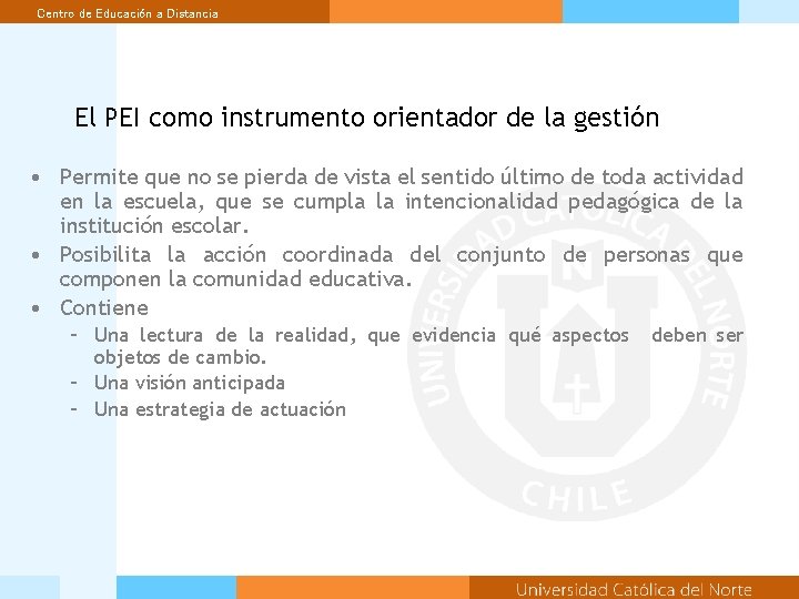 Centro de Educación a Distancia El PEI como instrumento orientador de la gestión •